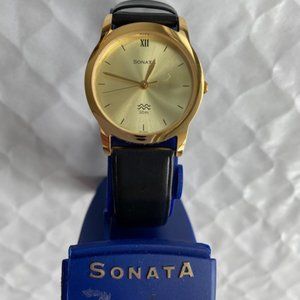 - New Unisex gold dial SONATA watch with genuine leather belt strap